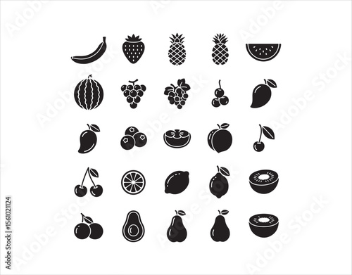 Icon set of food fruits. Vector images featuring banana, strawberry, pineapple, watermelon, grapes, mango, blueberries, peach, cherry, lemon, avocado, pear, kiwi, and a black sign.