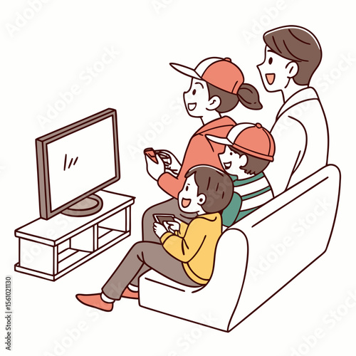 Family playing video games together on couch television
