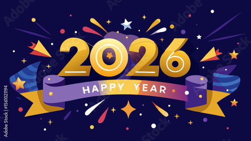 Happy new year 2026 festive celebration with colorful fireworks and stars
