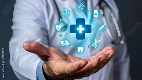 Doctor's hand connecting a virtual puzzle piece on a global business technology network