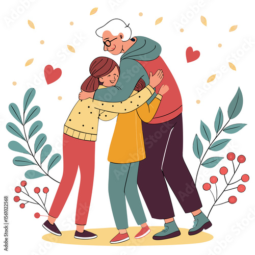 Family Hugging With Leaves And Hearts grandparent child