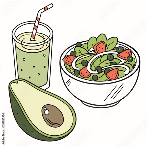 Avocado smoothie salad and fruit strawberries blueberries