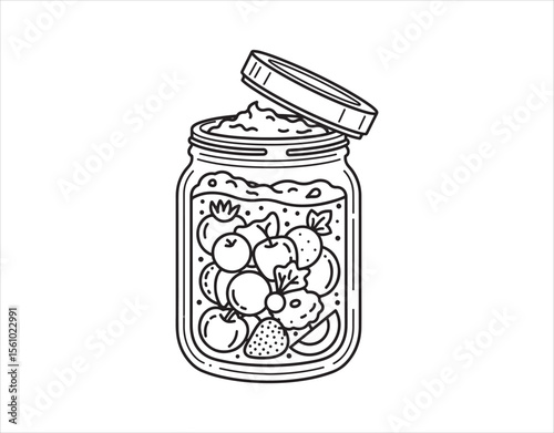 Keeping food fresh. A glass jar filled with baby food along with various fruits and veggies. A line art icon representing natural vegetarian puree. Contour illustration isolated on a white background.