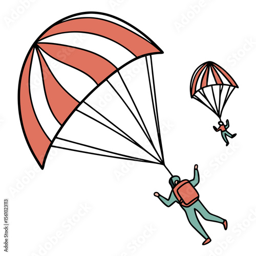 Skydivers with coral and white parachutes skydiving