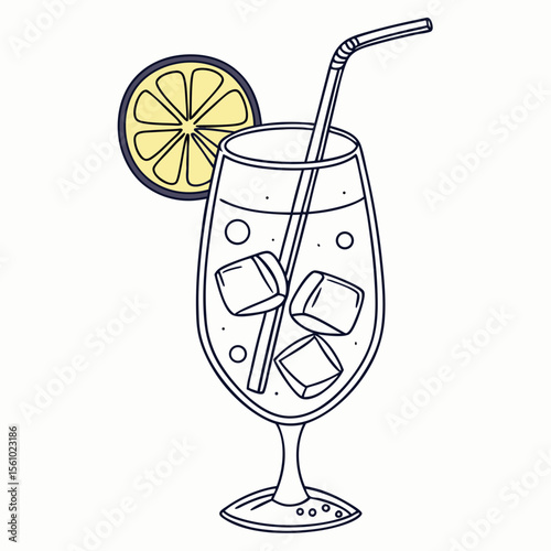 Lemonade drink with ice and lemon slice beverage glass