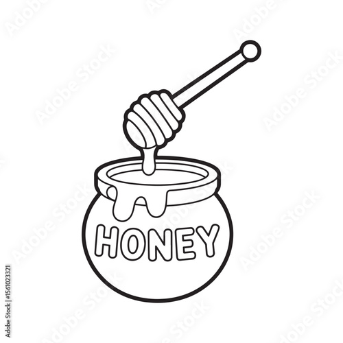 Illustration of a Honey Pot with Honey Dipper, Simple Black and White Design for Coloring Book, Food Related Art
