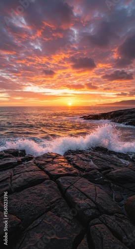 Vibrant Sunset Over Rocky Coastline with Ocean Waves and Dramatic Cloudscape