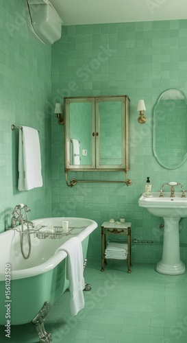 Vintage Green Bathroom with Clawfoot Tub and Pedestal Sink in Classic Style