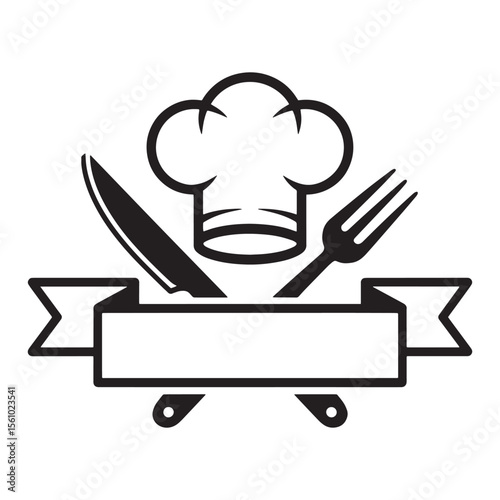 Black and White Culinary Logo Design with Chef Hat and Utensils for Restaurant Branding and Graphic Design