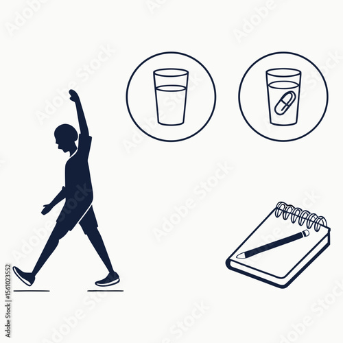 Silhouette person stretching glass of water pill capsule notebook pencil