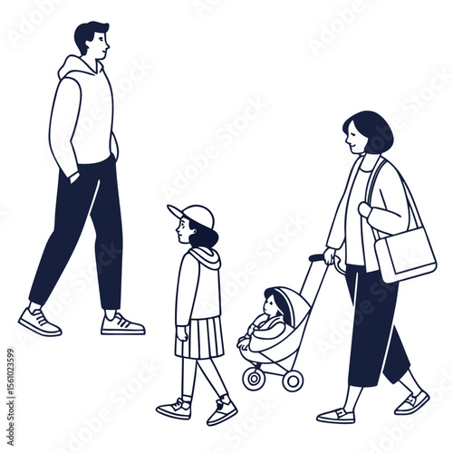 Family walking together with stroller people parents