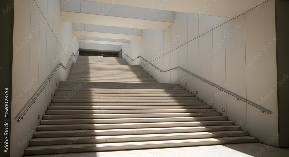 Fototapeta premium Ascending interior staircase with sunlight casting long shadows concrete walls and handrails leading toward an unknown destination light and shadow perspective.