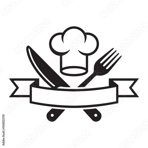 Culinary Excellence Emblem Featuring a Chef Hat Utensils and Ribbon Banner Design for Restaurant Branding