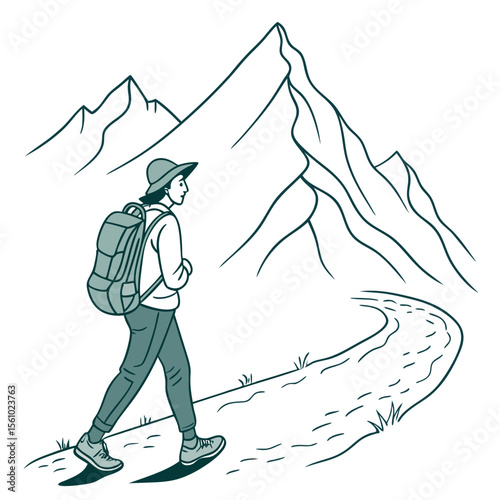 Hiker walking on mountain path backpack