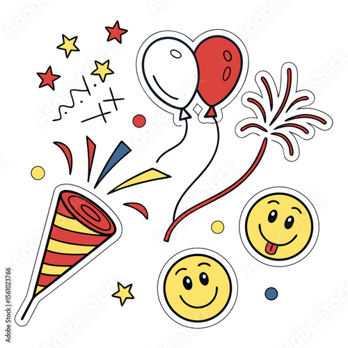 Festive celebration elements red yellow blue party popper