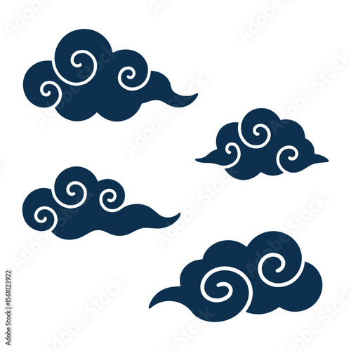 Four Stylized Navy Blue Clouds with Swirling White Details on a White Backdrop Artwork