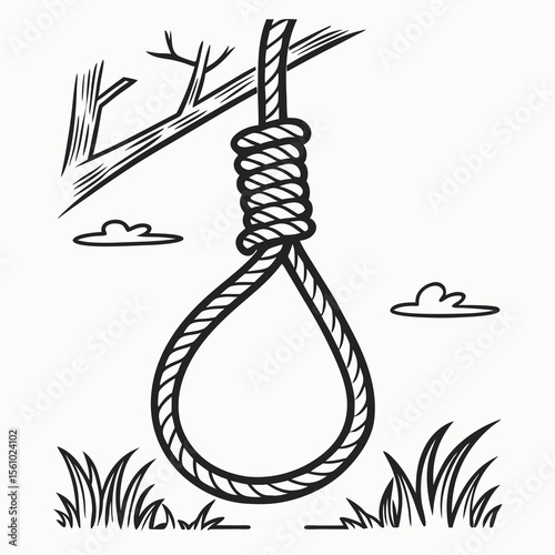 Black rope noose hanging from tree branch with grass and clouds