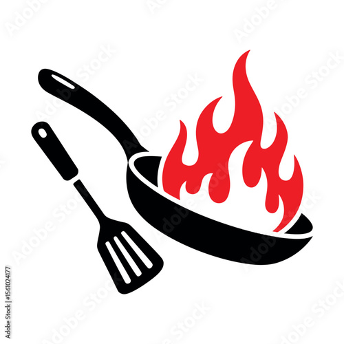Bold Kitchen Illustration Frying Pan in Fiery Action Next to a Slotted Spatula Utensil