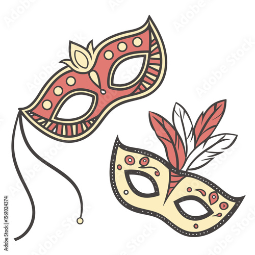 Festive masquerade masks with feathers and ornate patterns