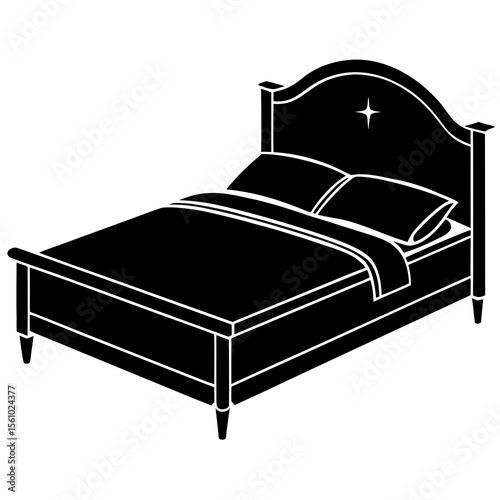 A black silhouette of a bed isolated on white background