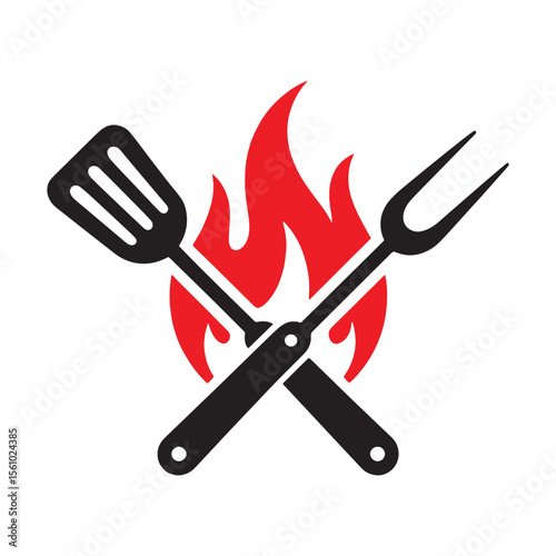 Crossed Spatula and Fork with Flames Represents Barbecue and Cooking, Good for Restaurants and Chefs, or Grilling and Outdoor Cooking