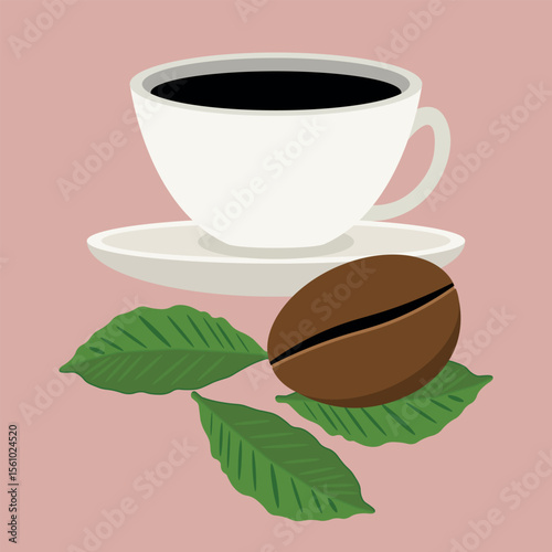A stylish vector illustration of a coffee cup, bean, and leaves on a soft pink background. Perfect for café menus, packaging, branding, or cozy-themed designs.