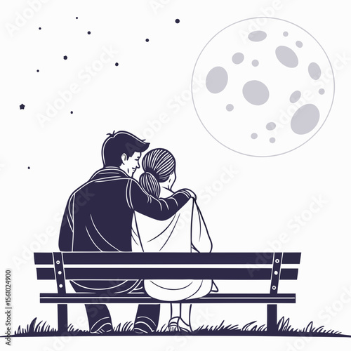 Couple embracing on park bench under full moon romantic