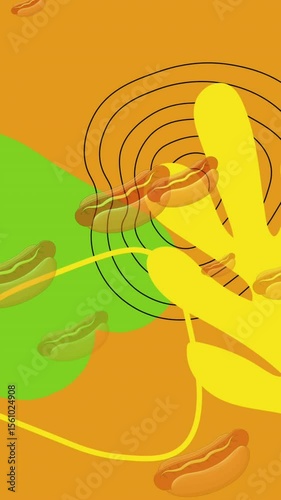 Animation of falling hotdogs with yellow and green shapes and contour lines on yellow background
