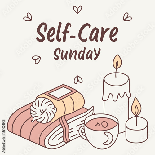 Cozy self care sunday with candles and drink vector