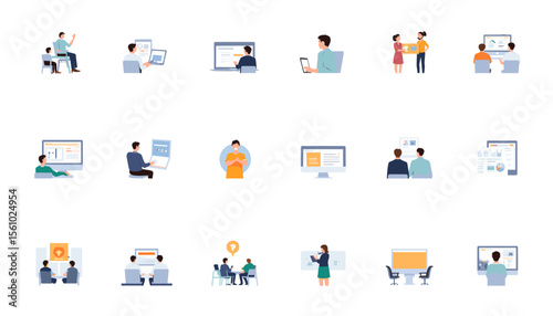 People engaging in various work-related activities in modern office  