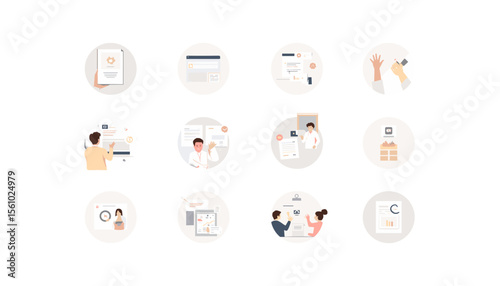 Illustrative icons representing various healthcare activities and services  
