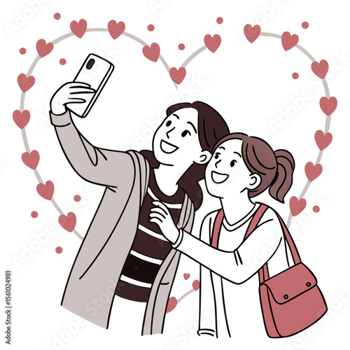 Sisters taking selfie illustration with heart filter