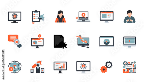 Digital icons representing technology, work, and communication in flat style  