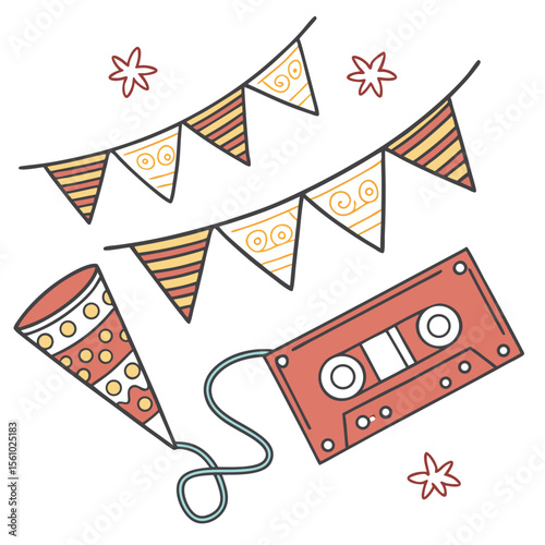 Retro party objects and music cassette tape