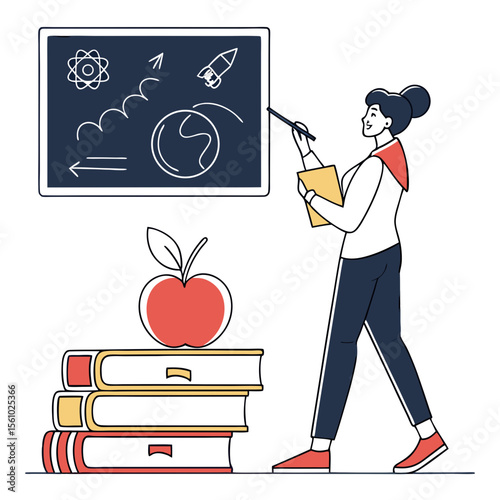 Teacher pointing at blackboard with apple and books