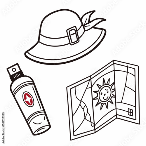 Sun hat sunscreen and map with smiling sun travel