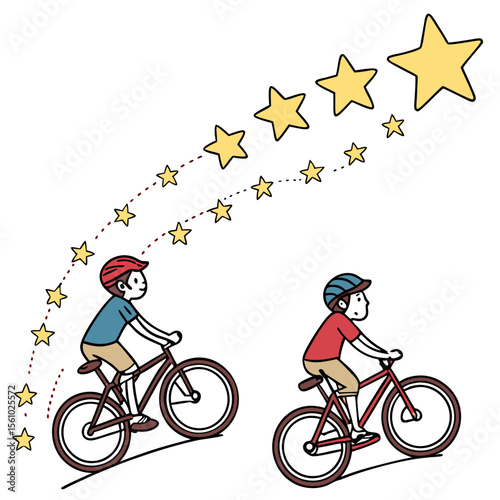 Boys cycling with yellow stars bicycles helmets