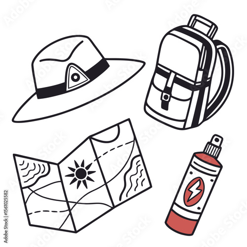 Safari hat backpack map sunscreen travel adventure