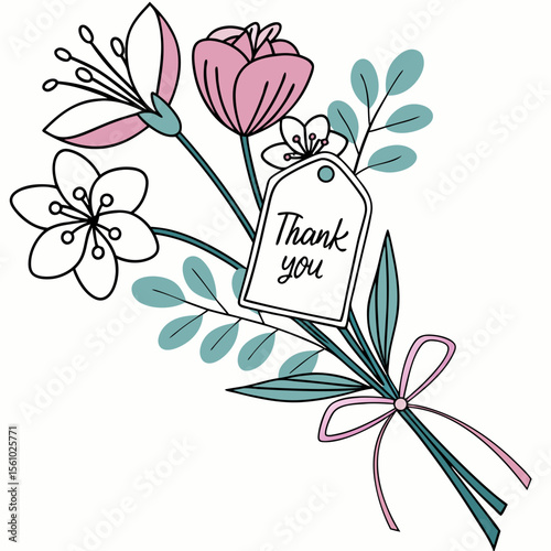 Pink and white floral bouquet with thank you vector