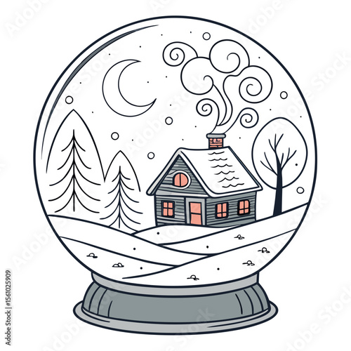 Cozy cabin in snowy landscape under crescent moon snow globe