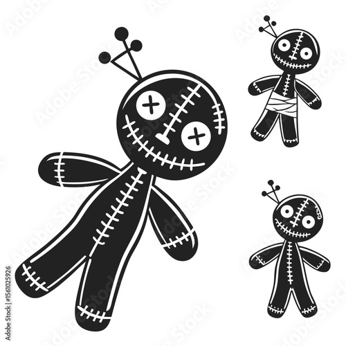 Black voodoo dolls with stitched details creepy symbol