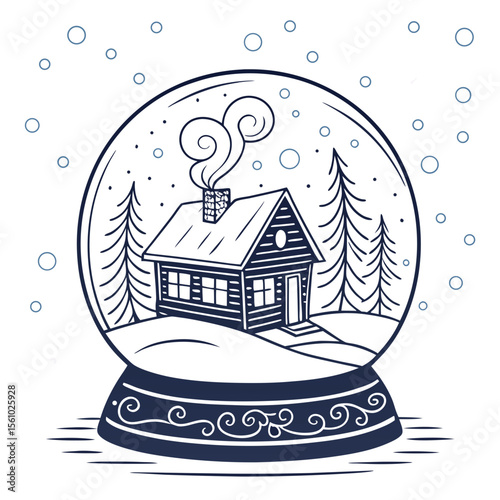 Cozy cabin in snow globe winter trees