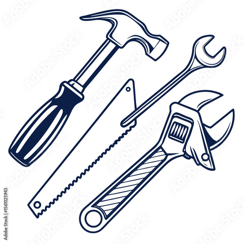 Dark blue hammer wrench saw tools adjustable wrench
