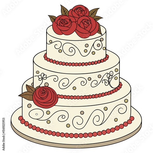 Cream tiered cake with red roses and gold accents wedding
