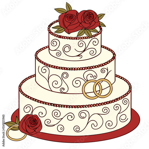 Cream tiered cake with red roses and gold rings wedding