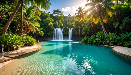 Lush Tropical Paradise Turquoise Lagoon with Waterfall  and Palm Trees Under Sunlight.