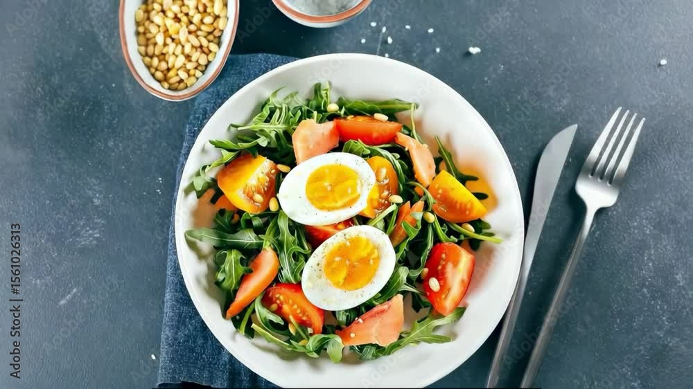 A colorful and appetizing salad with fresh vegetables and boiled eggs is shown.