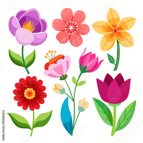 Collection of seven colorful stylized floral illustrations on a white background