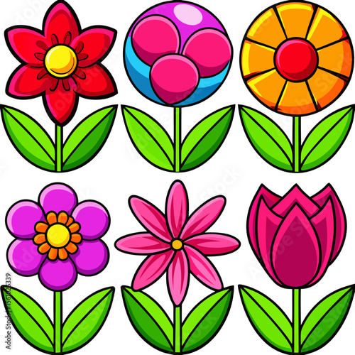 Collection of six brightly colored cartoon flowers with green leaves and stems