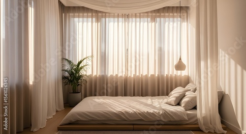 Bright bedroom interior featuring white bedding curtains natural sunlight a potted plant and minimalist design elements creating a peaceful atmosphere